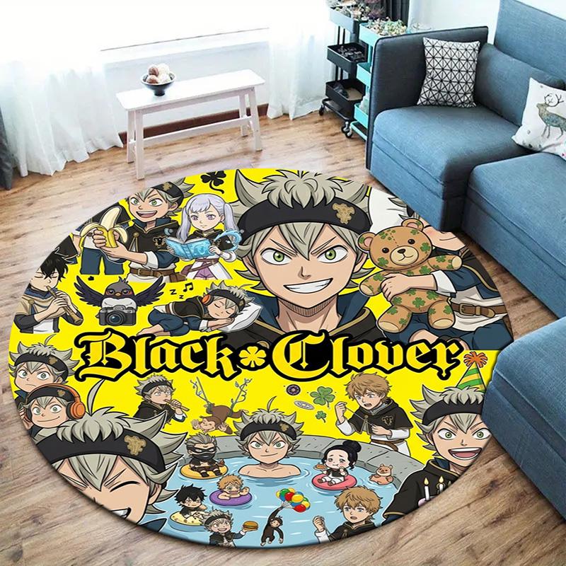 Black Clover Round Area Rug Carpet Rug For Living Room Bedroom Sofa Playroom Decor Nonslip Floor Mat