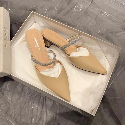 Damen Hausschuhe Damenschuhe Spitz Zehenbereich Pantoletten für Damen 2024 Dünne Absätze Hausschuhe Weiches Beige Absatz-Sandalen Mode Neu Komfort