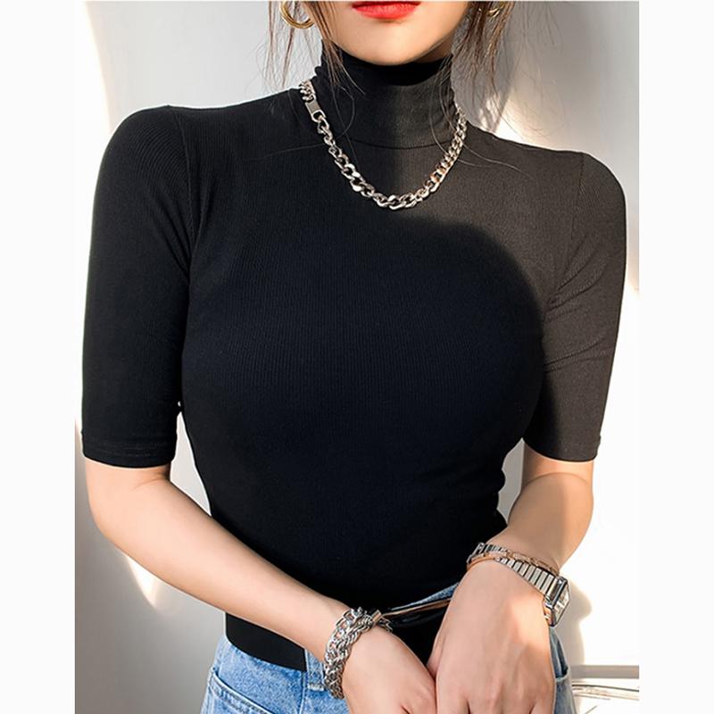 Fashion Short Sleeve Casual White T-shirt for Women Summer Half High Neck Slim Base T Shirt Female Casual Elegant Office Lady Tee Tops 24081