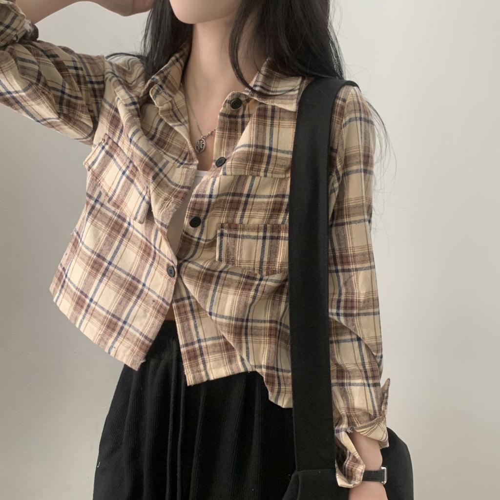 Korean Chic Autumn Short Long Sleeved Checkered Shirt for Women