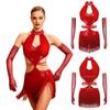 S-3XL Vestito da Danza Latina da Donna con Frange, Guanti Lunghi, Cut-out, Senza Maniche, Spalline Incrociate in Vita, Orlo con Nappe, Paillettes per Gara/Esibizione