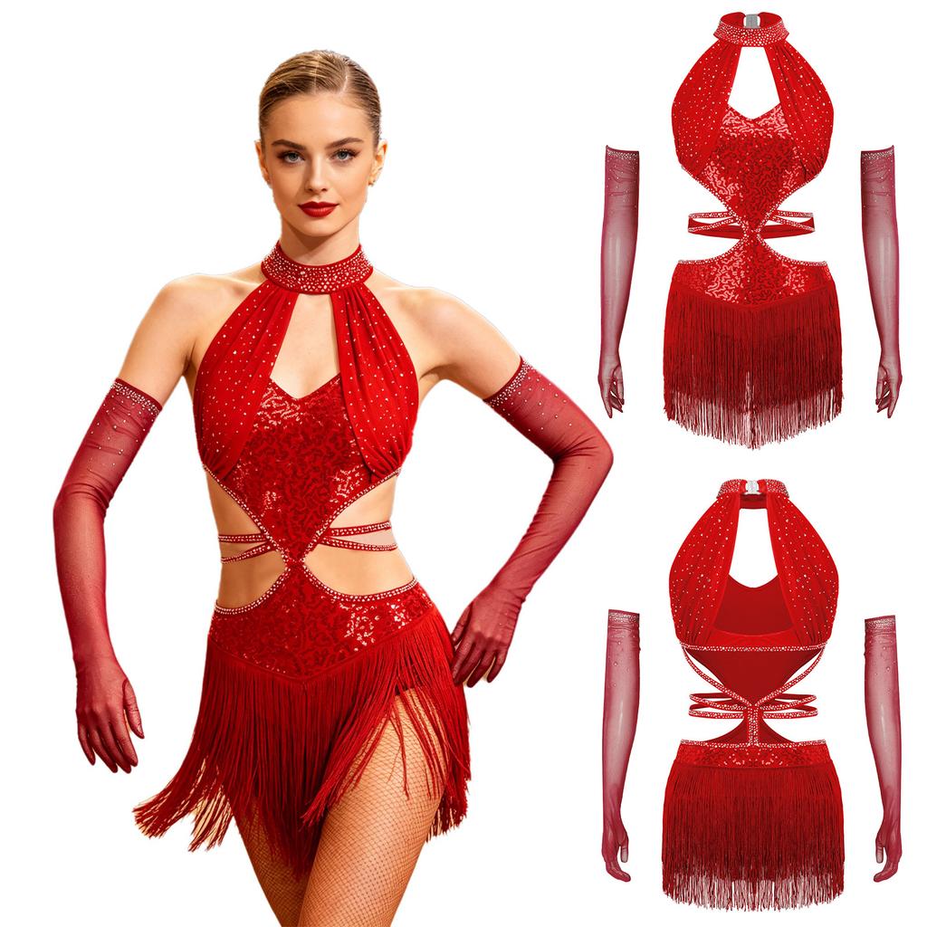 S-3XL Vestito da Danza Latina da Donna con Frange, Guanti Lunghi, Cut-out, Senza Maniche, Spalline Incrociate in Vita, Orlo con Nappe, Paillettes per Gara/Esibizione