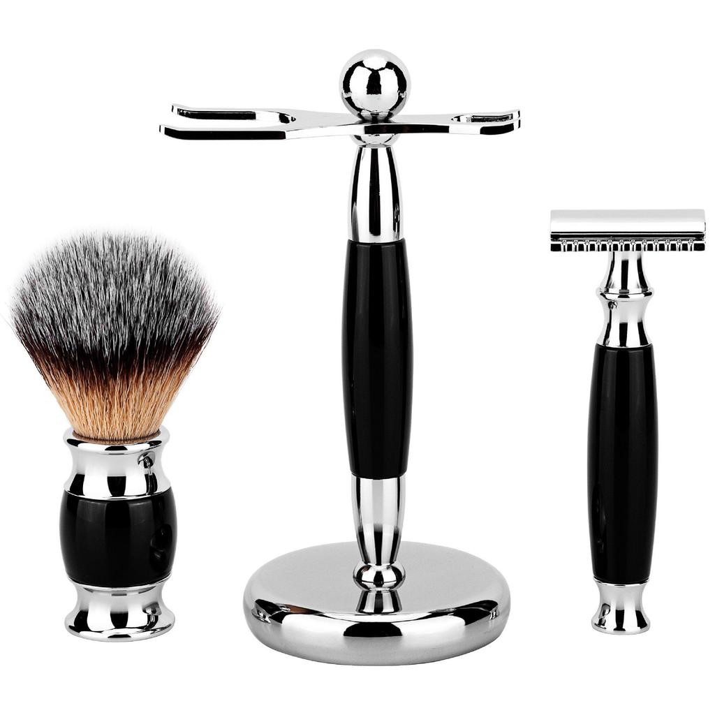 Black Metal Beard Grooming Set: Includes Brush, Manual Razor, and Foam Brush