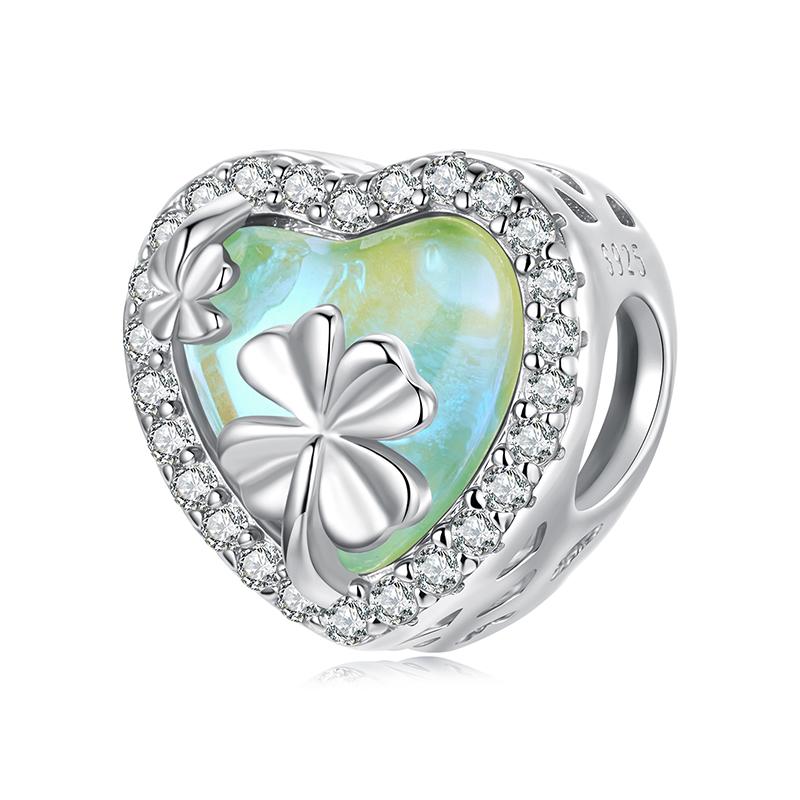 WOSTU 925 Sterling Lucky Green Four-leaf Clover Charm Pink Heart Pendant Faith Cross Bead Fit Bracelet Necklace Gift mom Family