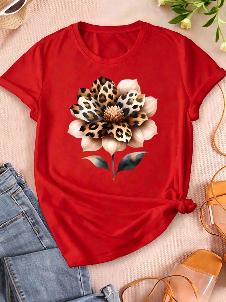 Watercolor Leopard Print Flower Women T-shirt Fashion Graphic Clothing Funny Harajuku T-shirt Female Clothes Tops