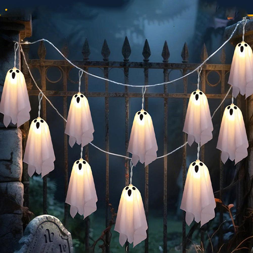 Halloween Glowing White Ghost LED Light Strings Horror Props with Fairy Light Indoor Outdoor Haunted House Halloween Decoration