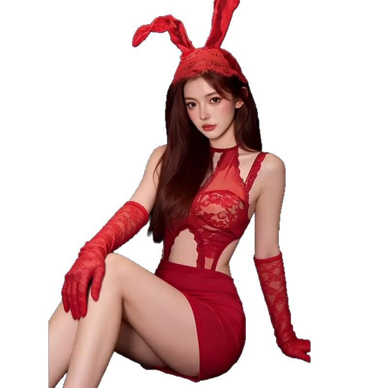 New Year's red sex underwear sexy lace hollow nightdress women's hip skirt cos bunny suit