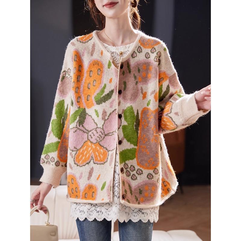 DIMANAF 2025 Flower Sweaters Cardigan Autumn Women Print O-Neck Sweaters Knitting Loose Orange Sweater