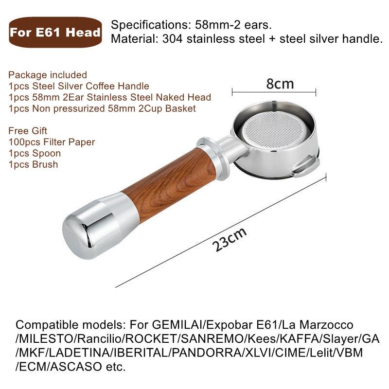 304 Edelstahl Espresso bodenloser Siebträger 58mm 2 Ohren Für Expobar/ROCKET/Lelit E61 Kaffeemaschine Barista Zubehör