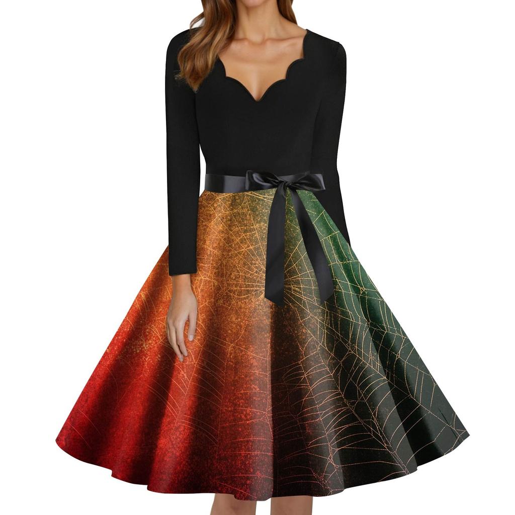 Women's Fashion V-Neck Casual Slim Fit Halloween Printed Long Sleeve Dress