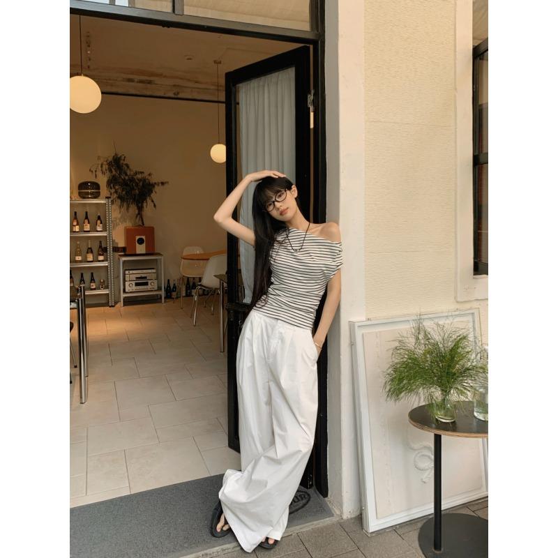 Women Striped One Shoulder Short Sleeve Slim Fit Casual T Shirt Top