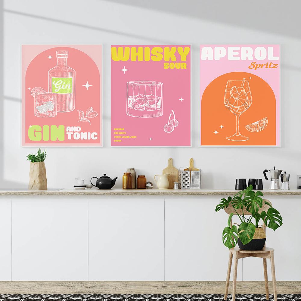 Wine Kitchen Poster Print Cocktail Liquor Drink Canvas Print Vintage Wall Art Painting Pictures Dining Room Restaurant Bar Decor