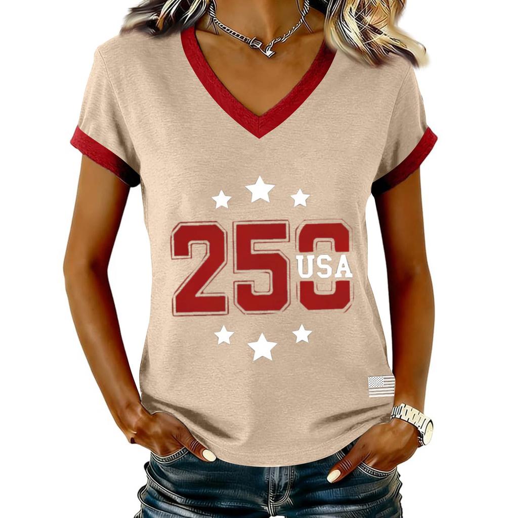 Women's Casual V Neck Short Sleeve Pullover Printed T-Shirt Top