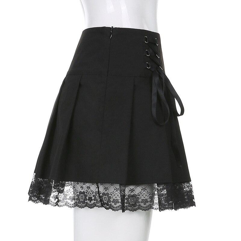 2023 Women High Waist A-Line Mini Skirt Lace Decoration Pleated Printed Punk Style Black Dress Club Party Wear Hot