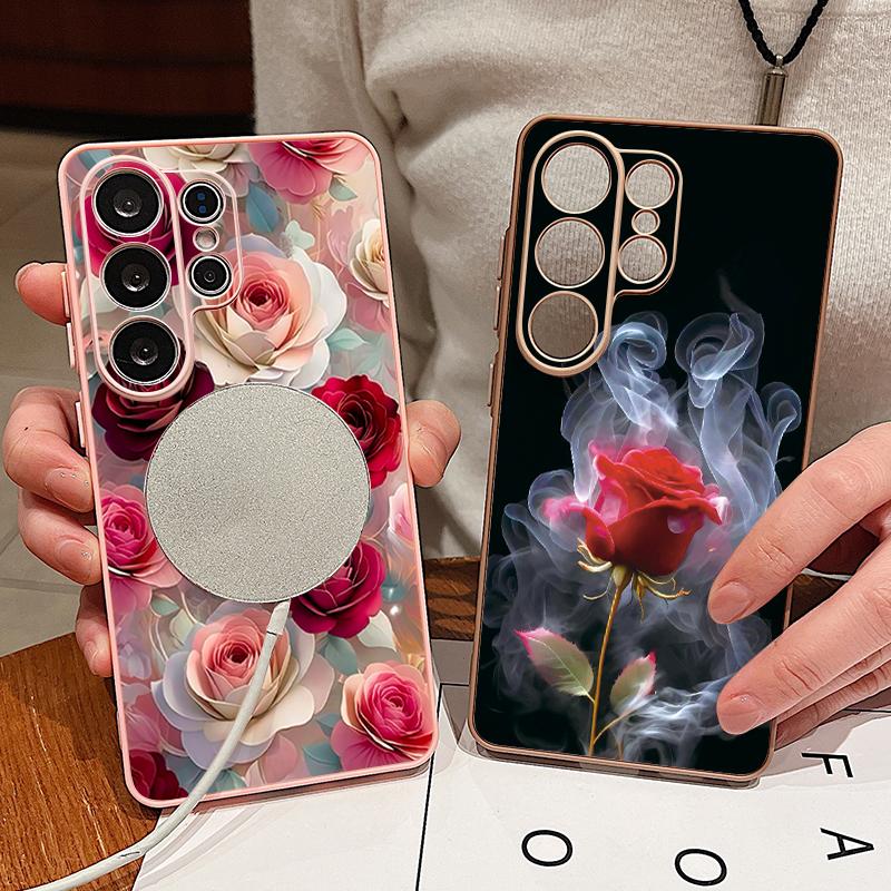 Magnetic For Magsafe Case For Samsung Galaxy S26 Ultra S25 Edge S24 Plus S23 FE S22 A17 A54 A55 A56 A57 5G Red Rose Flowers Pattern Cover