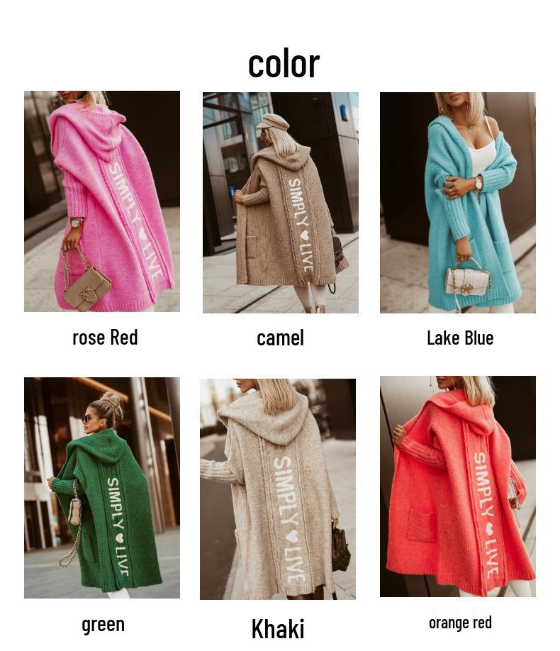 Autumn/Winter Hooded Long Cardigan Sweater with Turn-Down Collar and Letter Knit Design