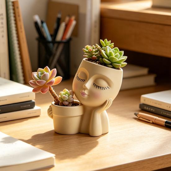 Creative Eyelash Doll Succulents Planter, Cute Sleeping Face Ceramic Pot with Double Holes, Kawaii Desktop Decor for Office Desk, Indoor Small Plant