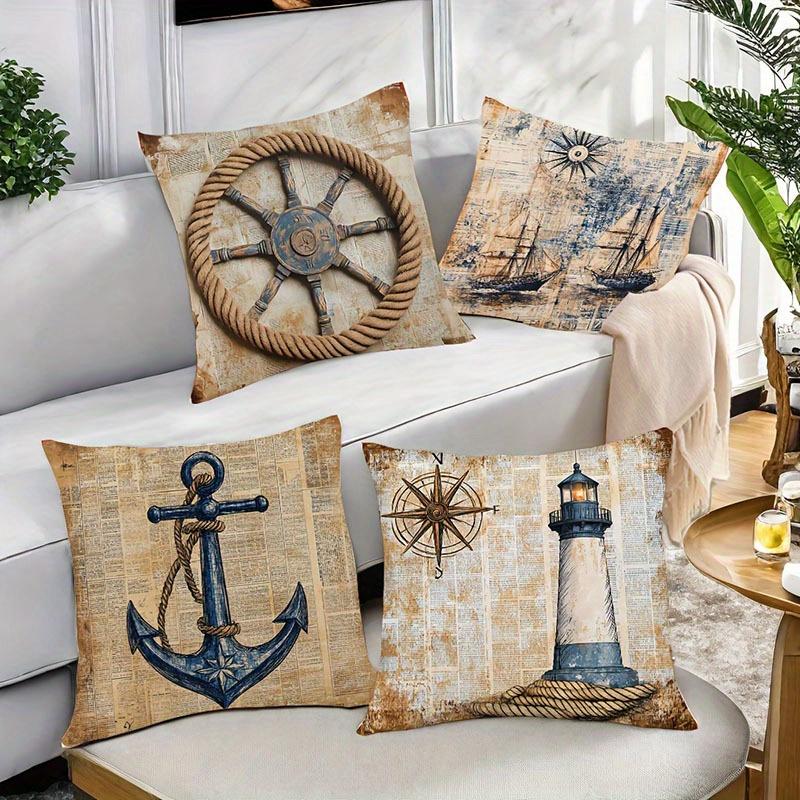 Vintage Nautical Pillow Covers Ship Wheel Anchor Lighthouse Pattern Cushion Covers For Sofa Living Room Bedroom Home Decor