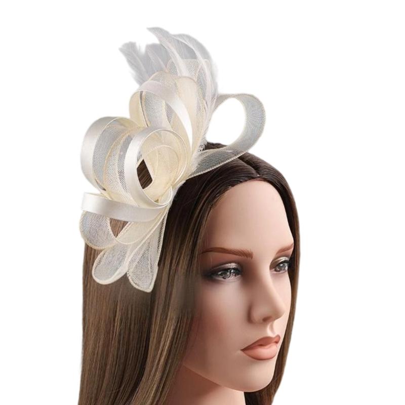 

Feather And Tulle Hair Accessory For Weddings Parties Lightweight Adjustable Bridal Mesh Headpiece Fashion Headwear бежевий