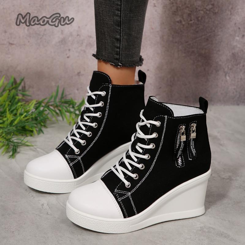 Fashion Canvas Shoes for Women Height Increase Season's Thick Soled Casual Ankle Boots Versatile Women Heeled Sneakers Ladies Shoes