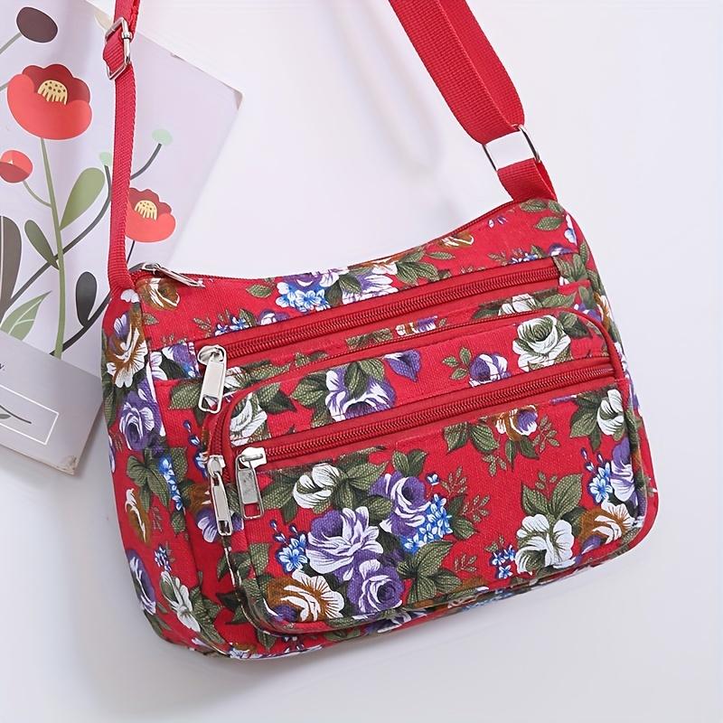WTEMPO [Klantfavoriet] Chique Bloemen Canvas Crossbody Tas voor Dames - Ruime Schoudertas met Verstelbare Riem, Ritssluiting en Polyester Voering red