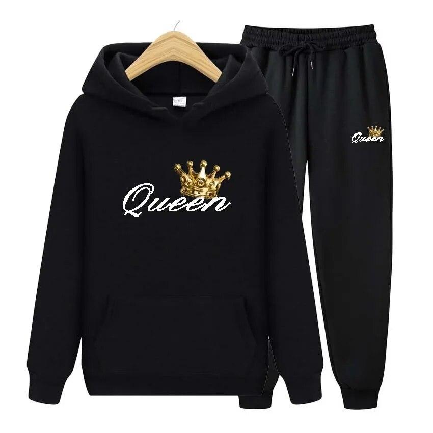 Queen Printing Autumn Winter Hoodies+Pants Two Piece Set  Womens Hoodies Tracksuits Jogger Pants thick Warm Clothes