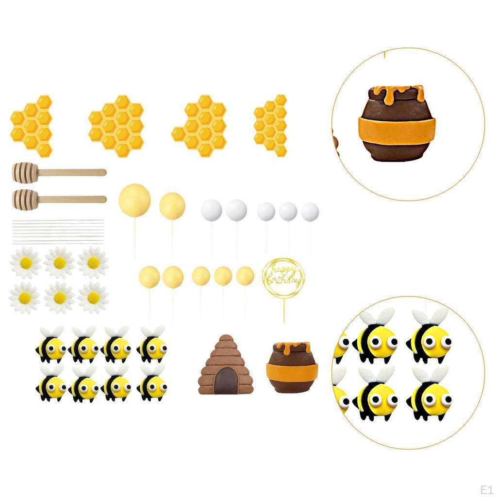 35Pcs Bee Cake Toppers, Honey Jar Topper, Creative Theme Party Decoration for Baby