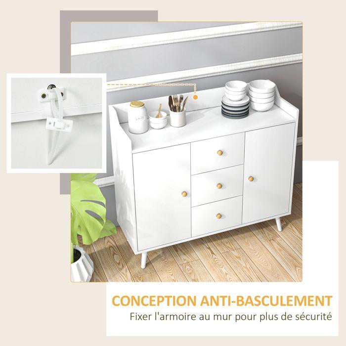 Buffet - HOMCOM - 2 portes, 3 tiroirs et pieds en bois massif - style moderne - panneau de particules - 90 x 32 x 80 cm - blanc