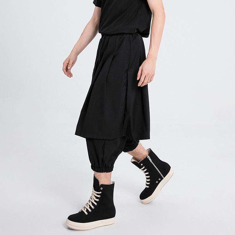 X072 Japanese-Style Wide-Leg Joggers: Fake Two-Piece, Cropped Dark Fashion Pants