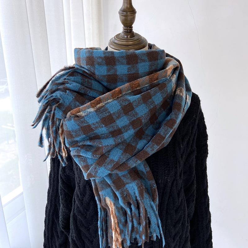 Checkered Scarf Women's Autumn and Winter New High-end Long Style Student Couple Shawl Warm and Thick Tassel Scarf