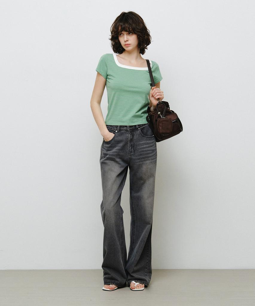 MONGDOL Square Neck Striped Short Sleeve T-Shirt Green Mdts098Green