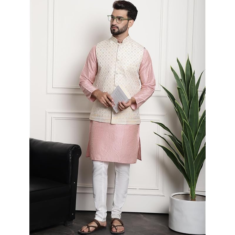 SOJANYA (Since 1958 Men' Silk Blend Kurta and OffWhite Pyjama With Nehru Jacket
