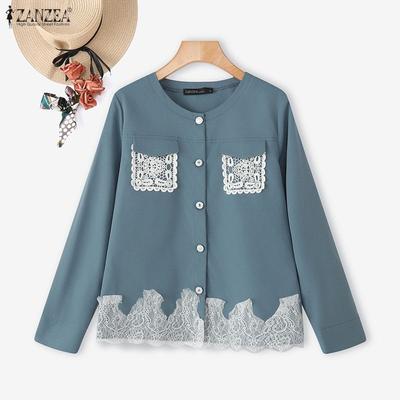 Women Casual Round Neck Loose Lace Splice Loose Blouse