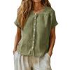 Womens Button Down Short Sleeve Blouse Loose Fit Casual Linen Shirt Crew Neck Lightweight Summer Top