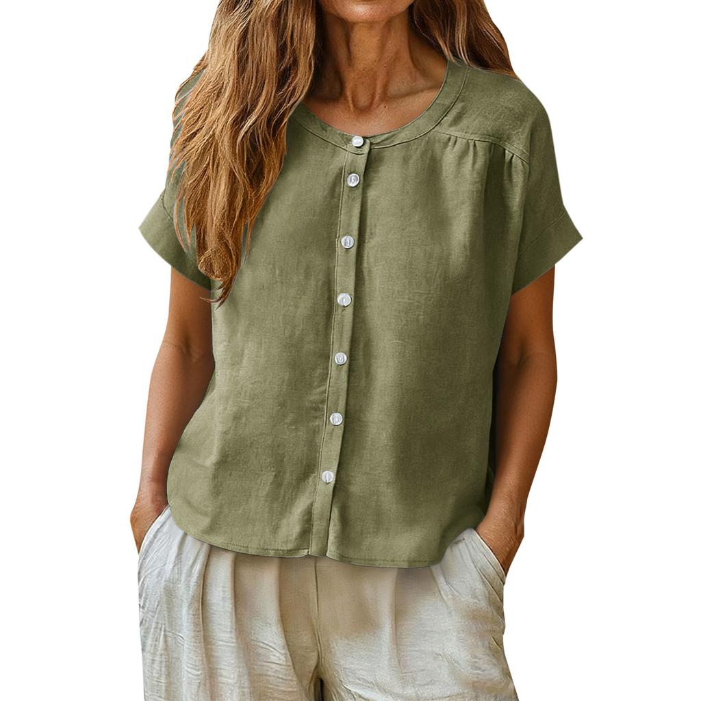 Womens Button Down Short Sleeve Blouse Loose Fit Casual Linen Shirt Crew Neck Lightweight Summer Top