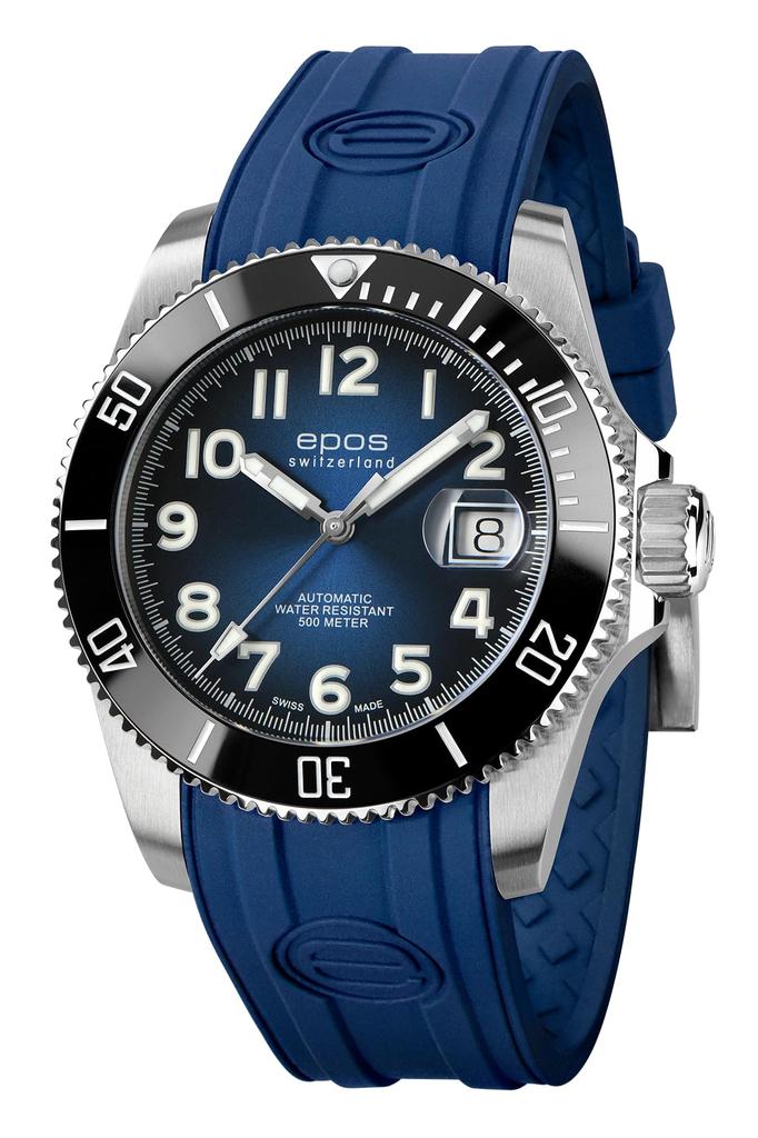 EPOS Automatic Diving 500m Water Ceramic Sporty 3504TIBLR Men's Watch, Resistant, Bezel, Style, Blue,