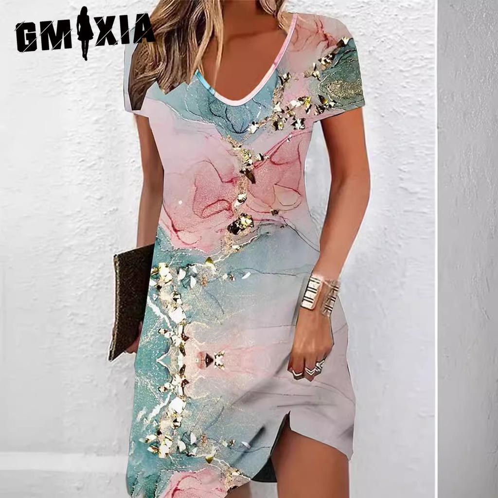 GMXIA Spring Summer Print Elegant Short-sleeved Crewneck Mid-length Dress