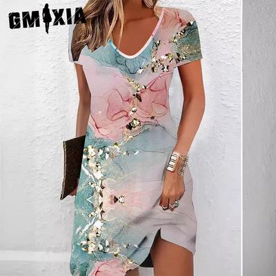 Spring Summer Print Elegant Short-sleeved Crewneck Mid-length Dress