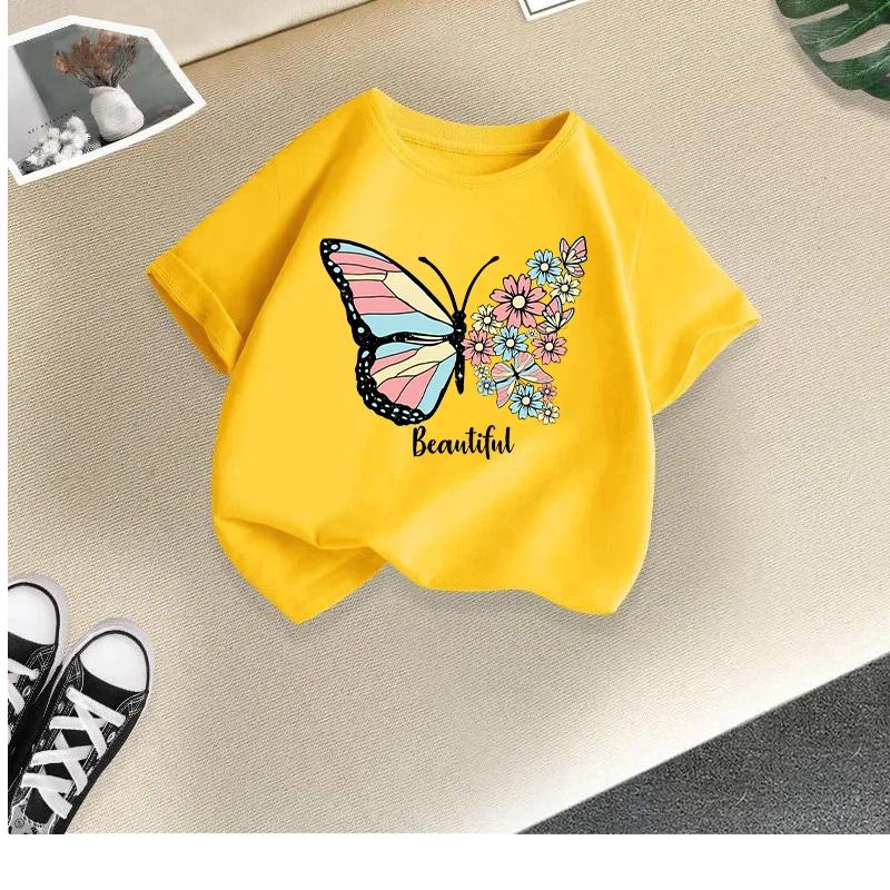 Children's T-shirt girls short-sleeved new style girls summer round neck loose casual top butterfly print cross-border