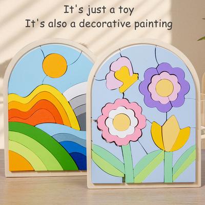 1Pc/3Pcs Wooden Shape Puzzles Set Flower Clouds Sunrise Theme Color Matching Cognition