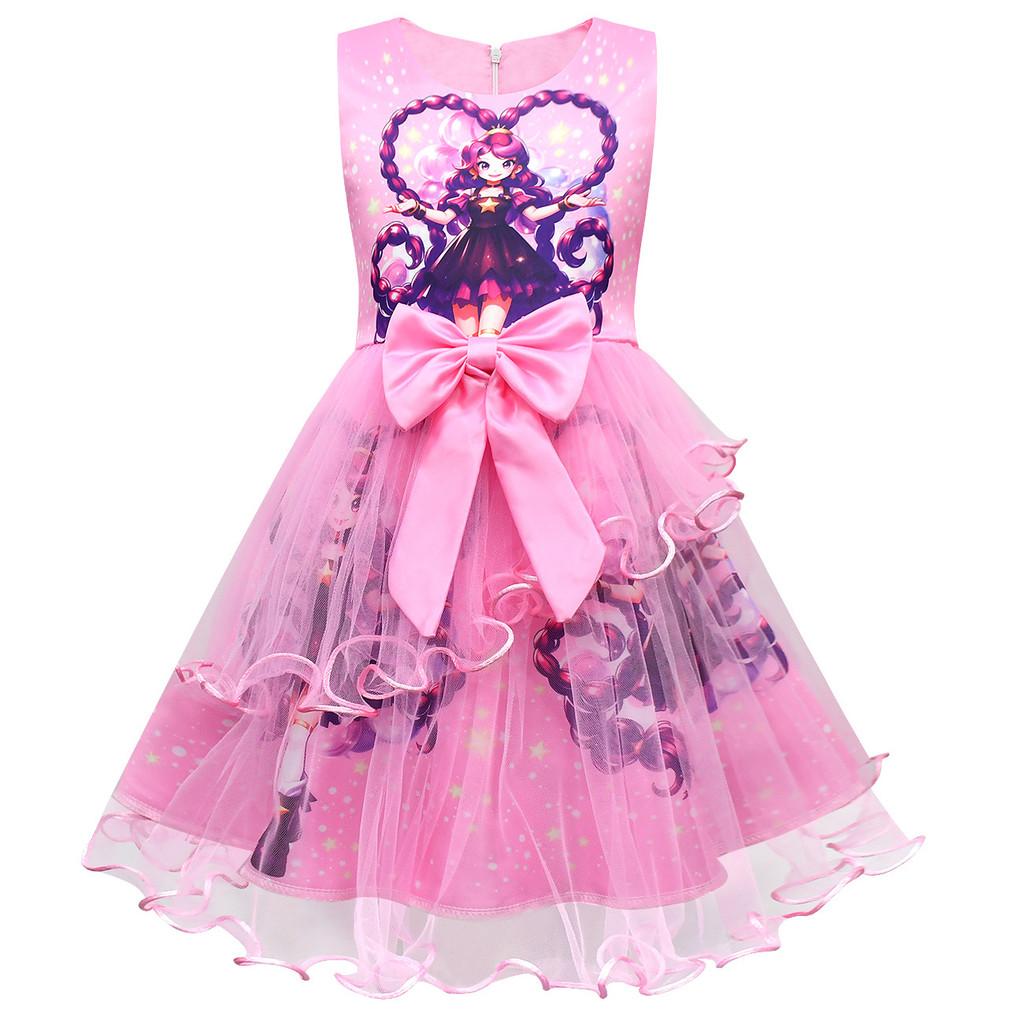 83150 Children Girls Lily Lovebraids Game Anime Print Bow Mesh Princess Dress