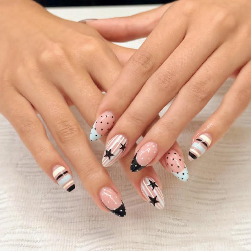24PCS Almond Press on Nails Black Polka Dots Blue Stripes Texture French Fake Nails for Women Sweet Cool High-quality Nail Tips