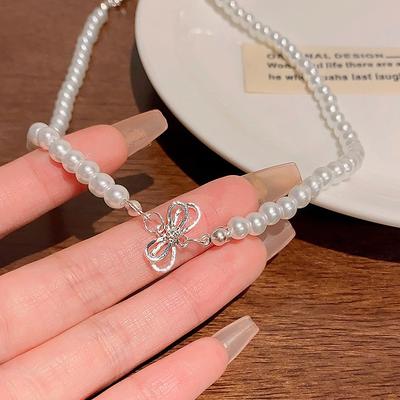 Temperament Bow Pearl Necklace For Women Girls Gentle Vintage Sweet Clavicle Chain Party Jewelry Accessories Gifts