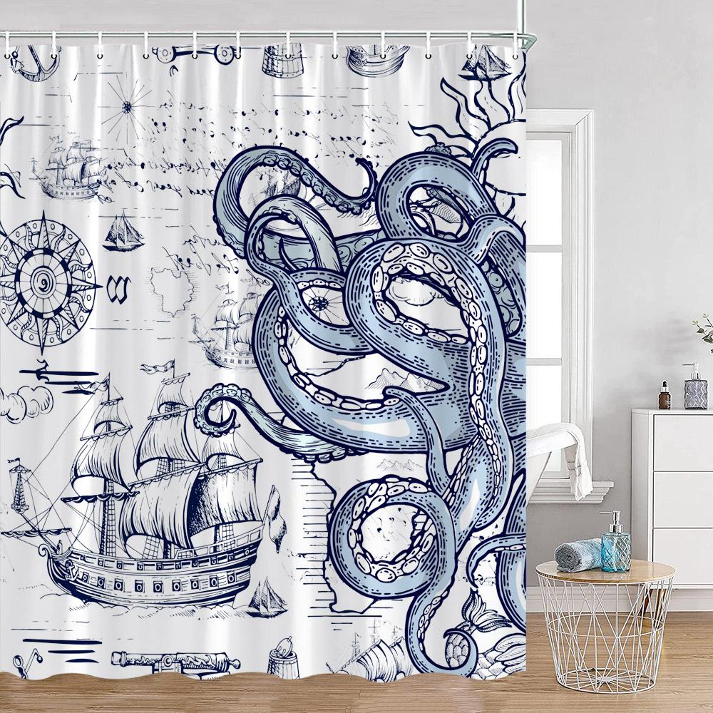 Octopus Shower Curtains Ocean Animals Funny Octupus Undersea World View Bathroom Curtain Nautical Bath Decorations with Hooks