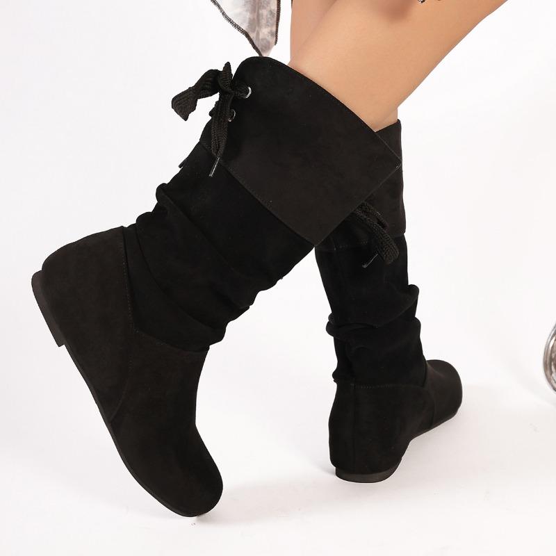 Fashion 2024 Autumn Fashion Solid Slip on Shoes Ladies High Boot Women Shoes New Pleated Wedge Long Boots Round Toe Women Leather Boots