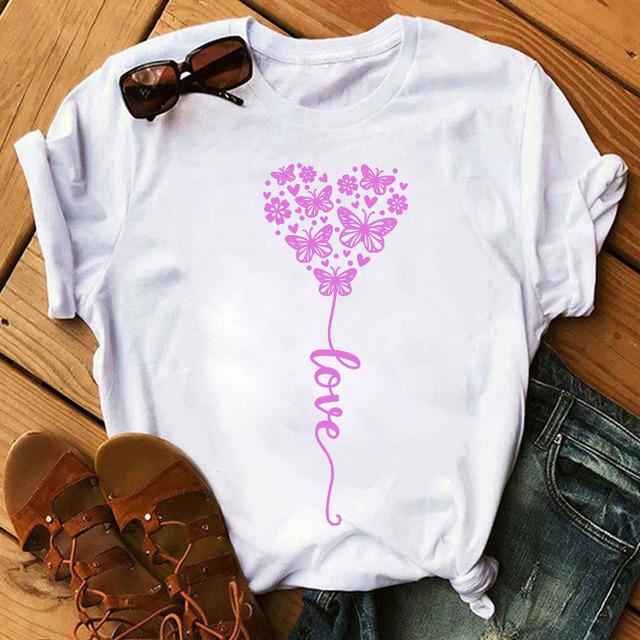 New Fashion Women Black T Shirt Friends Gift Flower Love Print Cute Tee Shirt Female Harajuku Tops Woman Short Sleeve T -Shirts