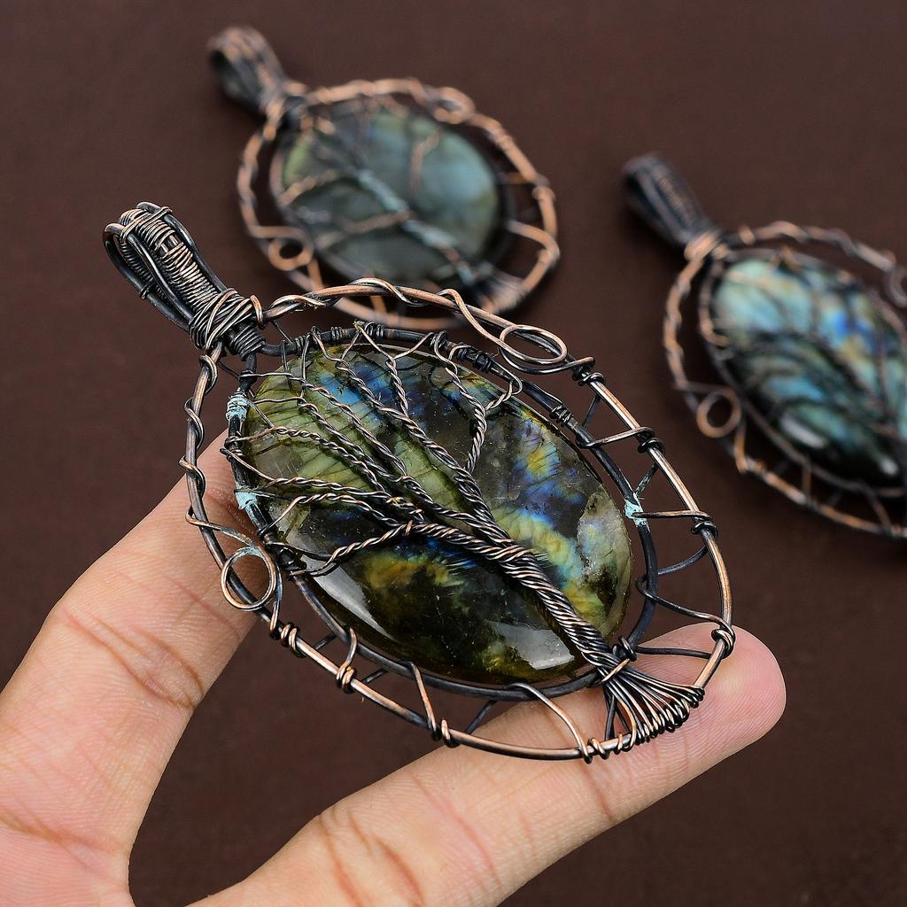 Labradorite Gemstone Copper Wire Wrap Tree Of Life Pendant 3.86"