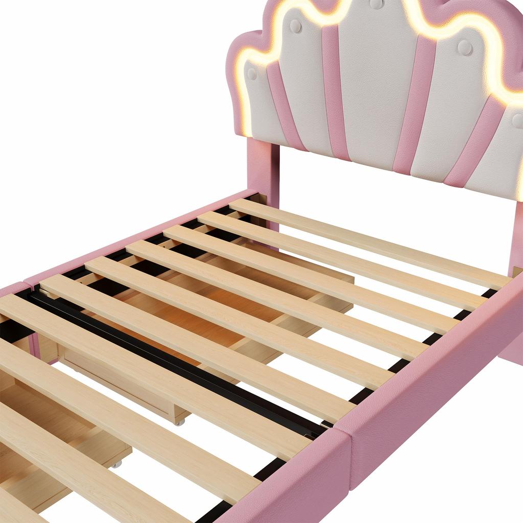 Children's Bed Girls Crown Single Bed with Adjustable Headboard, LED Strip, Slat Base and 2 Drawers, Made of PU Leather  (without Mattress), Pink