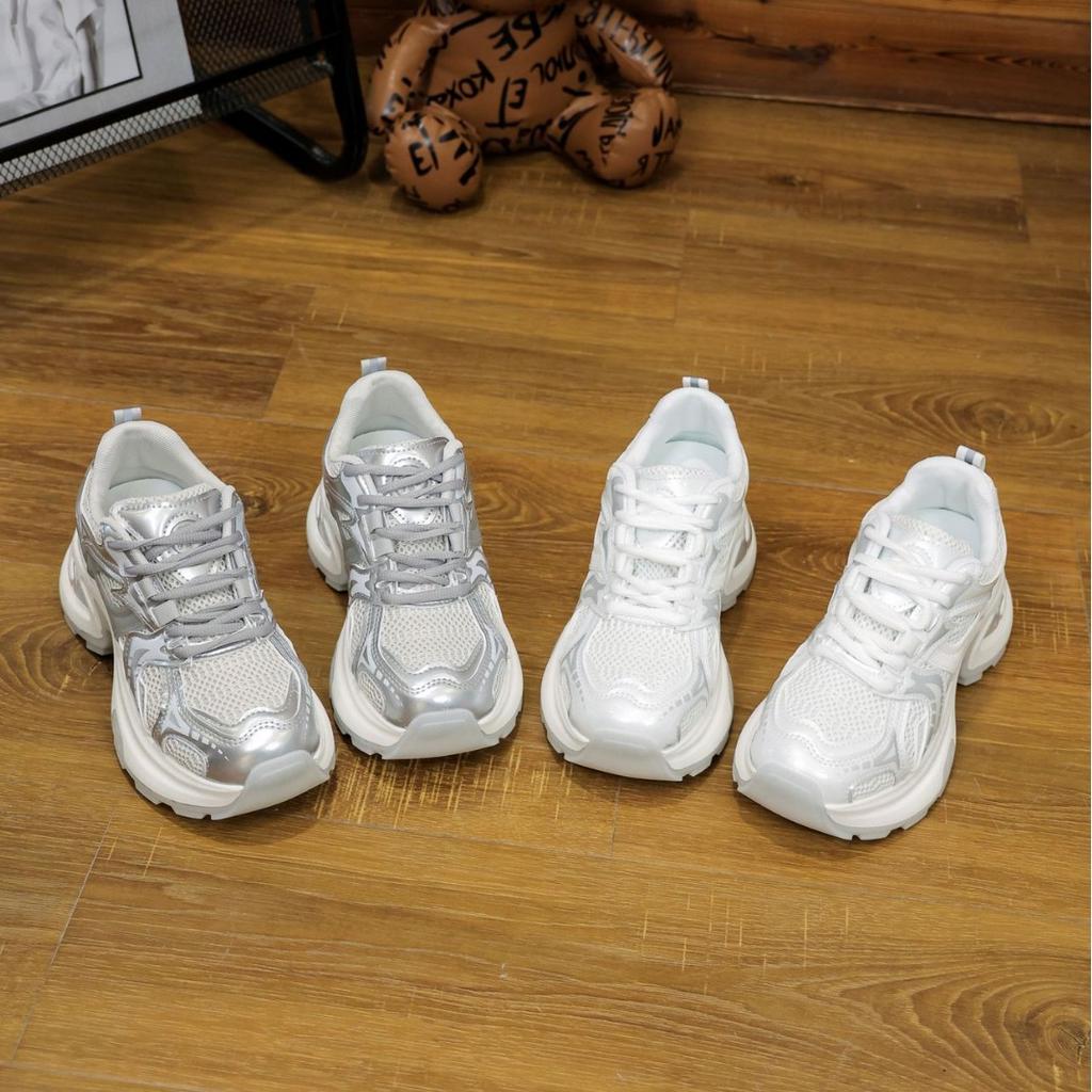 2025 Summer Thin Silver Thick-soled Heightening Dad Shoes Women's Mesh Breathable Versatile Casual Sports Shoes Ins