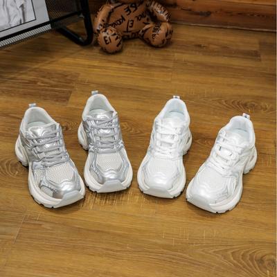 2025 Sommer dünne silberne dicksohlige erhöhende Dad-Schuhe Damen Mesh atmungsaktiv vielseitig lässige Sportschuhe Einlegesohlen